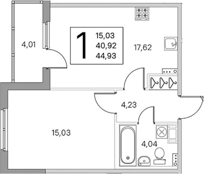 1-комнатная квартира 42.93 м², 2/4 эт., ЖК «Любоград в Стрельне»
